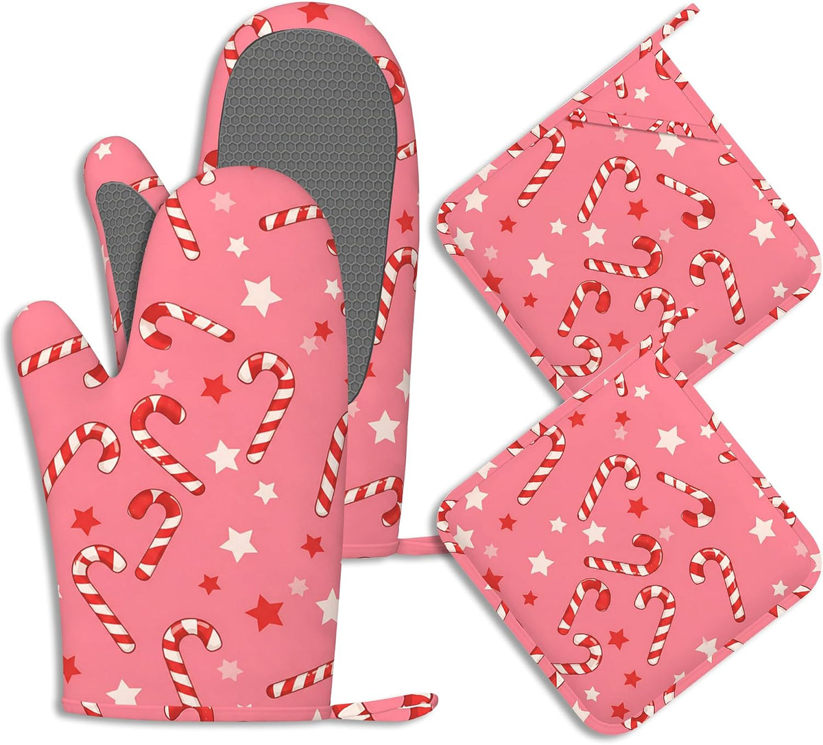 Pink Christmas Candy Cane Pot Holders and Oven Mitts Set Silicone Stars Kitchen Gloves Potholders Heat Resistant Washable,Chef Cooking Baking Gifts for Women Men Bakers Lover Cooks