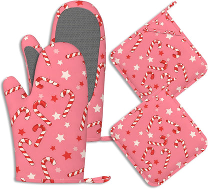 Pink Christmas Candy Cane Pot Holders and Oven Mitts Set Silicone Stars Kitchen Gloves Potholders Heat Resistant Washable,Chef Cooking Baking Gifts for Women Men Bakers Lover Cooks