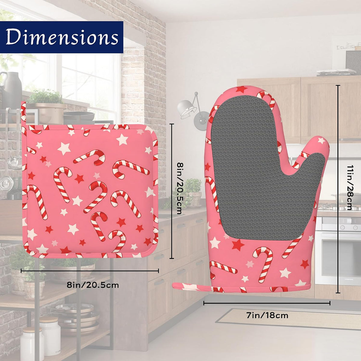 Pink Christmas Candy Cane Pot Holders and Oven Mitts Set Silicone Stars Kitchen Gloves Potholders Heat Resistant Washable,Chef Cooking Baking Gifts for Women Men Bakers Lover Cooks