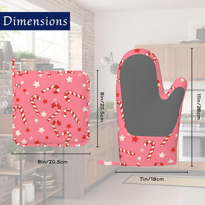 Pink Christmas Candy Cane Pot Holders and Oven Mitts Set Silicone Stars Kitchen Gloves Potholders Heat Resistant Washable,Chef Cooking Baking Gifts for Women Men Bakers Lover Cooks