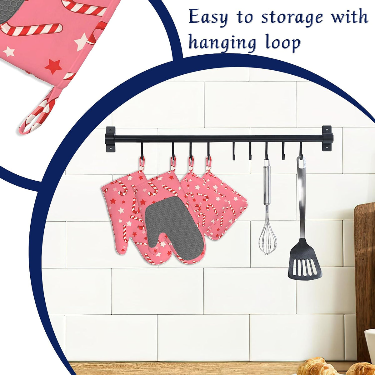 Pink Christmas Candy Cane Pot Holders and Oven Mitts Set Silicone Stars Kitchen Gloves Potholders Heat Resistant Washable,Chef Cooking Baking Gifts for Women Men Bakers Lover Cooks