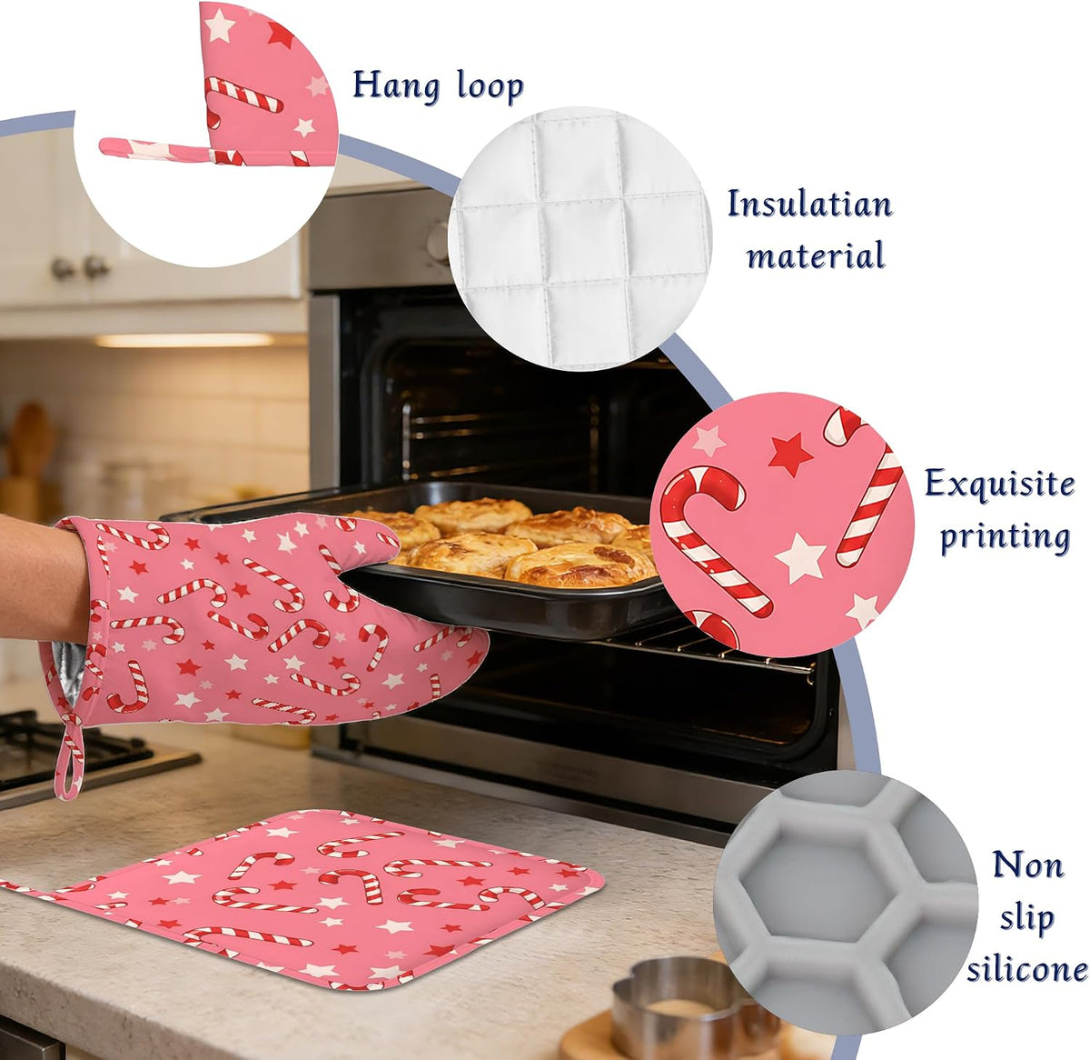 Pink Christmas Candy Cane Pot Holders and Oven Mitts Set Silicone Stars Kitchen Gloves Potholders Heat Resistant Washable,Chef Cooking Baking Gifts for Women Men Bakers Lover Cooks