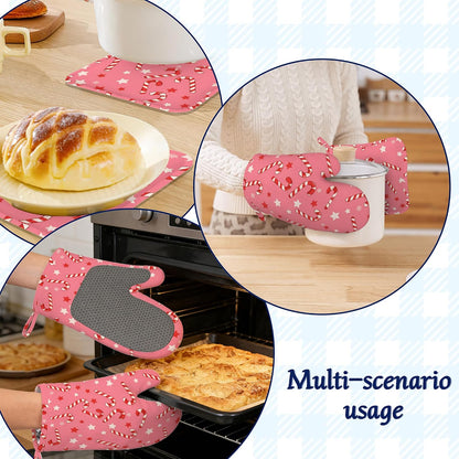 Pink Christmas Candy Cane Pot Holders and Oven Mitts Set Silicone Stars Kitchen Gloves Potholders Heat Resistant Washable,Chef Cooking Baking Gifts for Women Men Bakers Lover Cooks
