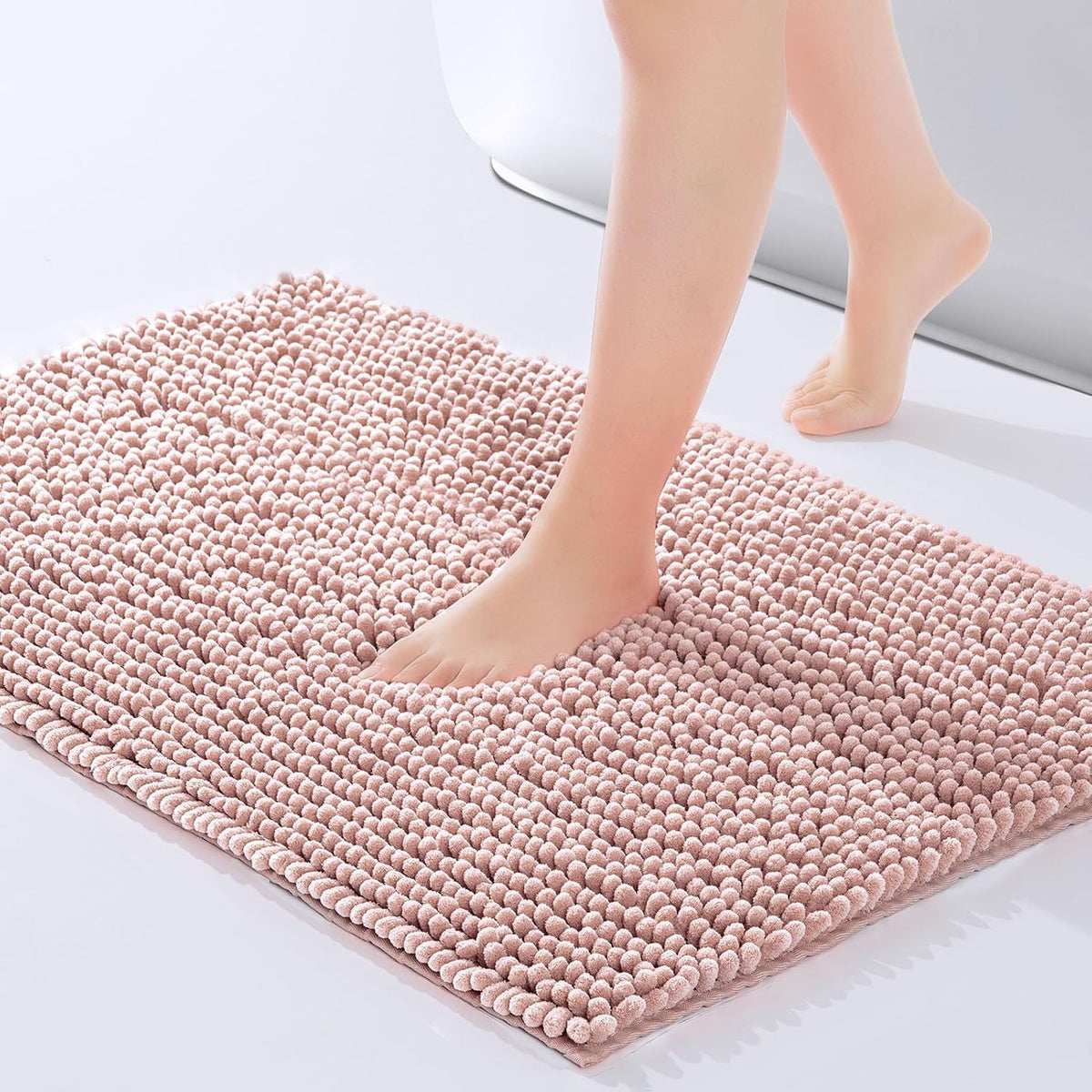 Chenille Bathroom Rugs Mat 32”x20”, Non-Slip Bath Mat for Bathroom Floor & Bathtub, Washable Soft Shower Shag Bath Rugs, Fluffy Thick Water Absorbent Microfiber Shower Mat, Dusty Pink