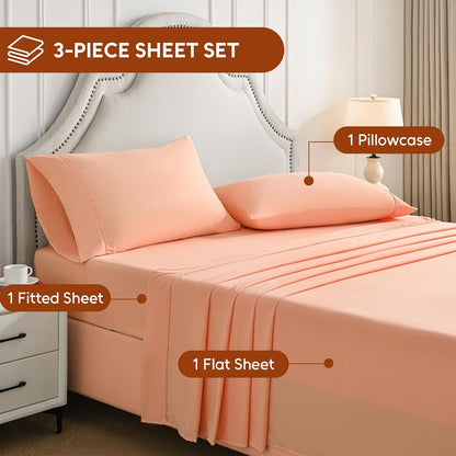 Twin Sheets Set, 3 Pieces Hotel Luxury Soft Microfiber Bed Sheets Set, Up to 16" Deep Pockets, Oeko-Tex Sheets with Elastic, Breathable, Wrinkle Free (Peach Pink, Twin)