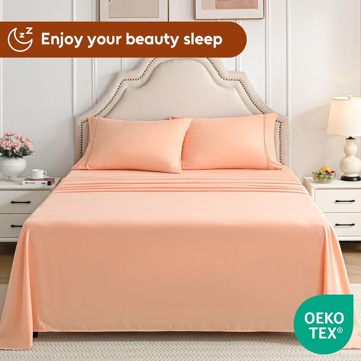 Twin Sheets Set, 3 Pieces Hotel Luxury Soft Microfiber Bed Sheets Set, Up to 16" Deep Pockets, Oeko-Tex Sheets with Elastic, Breathable, Wrinkle Free (Peach Pink, Twin)