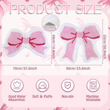 2 Pcs Pink Bow Bathroom Rugs Coquette Rug Cute Non Slip Washable Bath Mats Fluffy Plush Soft Absorbent Shower Rugs Aesthetic Bow Carpet for Bathroom Tub Bedroom Living Room Decor