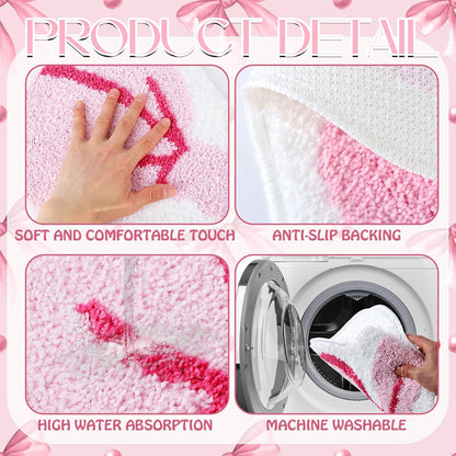 2 Pcs Pink Bow Bathroom Rugs Coquette Rug Cute Non Slip Washable Bath Mats Fluffy Plush Soft Absorbent Shower Rugs Aesthetic Bow Carpet for Bathroom Tub Bedroom Living Room Decor
