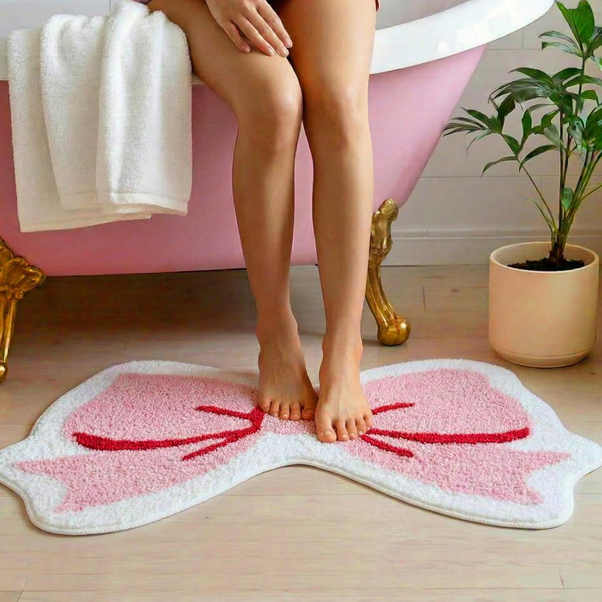 2 Pcs Pink Bow Bathroom Rugs Coquette Rug Cute Non Slip Washable Bath Mats Fluffy Plush Soft Absorbent Shower Rugs Aesthetic Bow Carpet for Bathroom Tub Bedroom Living Room Decor
