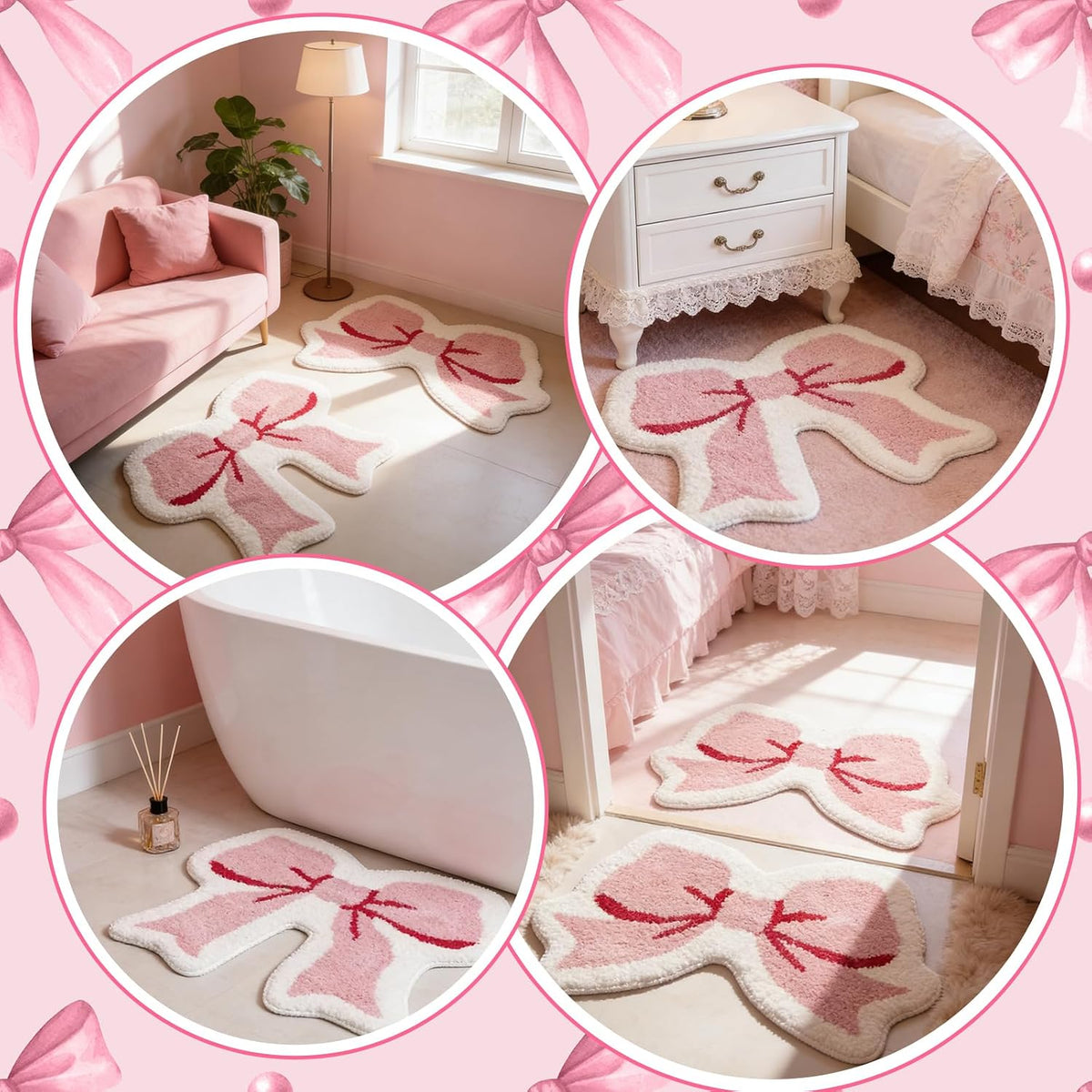 2 Pcs Pink Bow Bathroom Rugs Coquette Rug Cute Non Slip Washable Bath Mats Fluffy Plush Soft Absorbent Shower Rugs Aesthetic Bow Carpet for Bathroom Tub Bedroom Living Room Decor