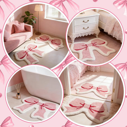 2 Pcs Pink Bow Bathroom Rugs Coquette Rug Cute Non Slip Washable Bath Mats Fluffy Plush Soft Absorbent Shower Rugs Aesthetic Bow Carpet for Bathroom Tub Bedroom Living Room Decor