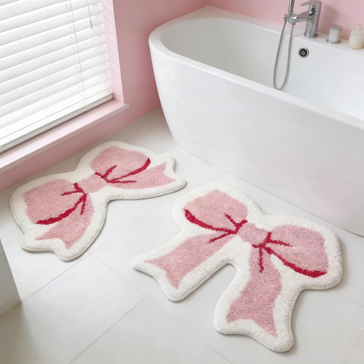 2 Pcs Pink Bow Bathroom Rugs Coquette Rug Cute Non Slip Washable Bath Mats Fluffy Plush Soft Absorbent Shower Rugs Aesthetic Bow Carpet for Bathroom Tub Bedroom Living Room Decor