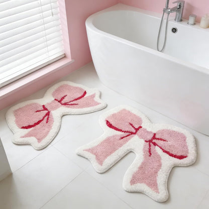 2 Pcs Pink Bow Bathroom Rugs Coquette Rug Cute Non Slip Washable Bath Mats Fluffy Plush Soft Absorbent Shower Rugs Aesthetic Bow Carpet for Bathroom Tub Bedroom Living Room Decor