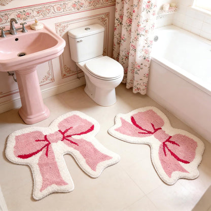 2 Pcs Pink Bow Bathroom Rugs Coquette Rug Cute Non Slip Washable Bath Mats Fluffy Plush Soft Absorbent Shower Rugs Aesthetic Bow Carpet for Bathroom Tub Bedroom Living Room Decor