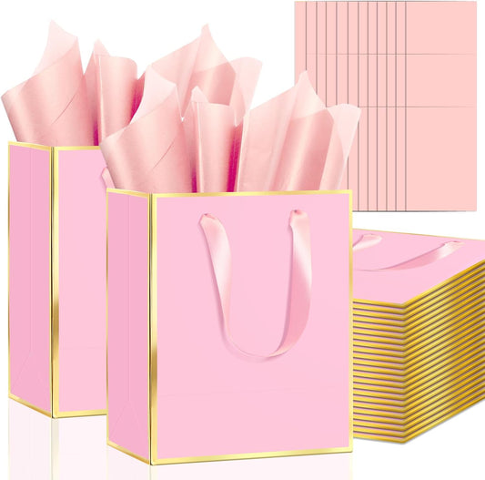 Epoesch 36Pcs Premium Gift Bags with Handles & Tissue Paper – 8"x5"x10" Pink with Gold Edge –Thank You Bags for Birthdays Party, Baby Showers, Wedding, Welcome Gift, Business