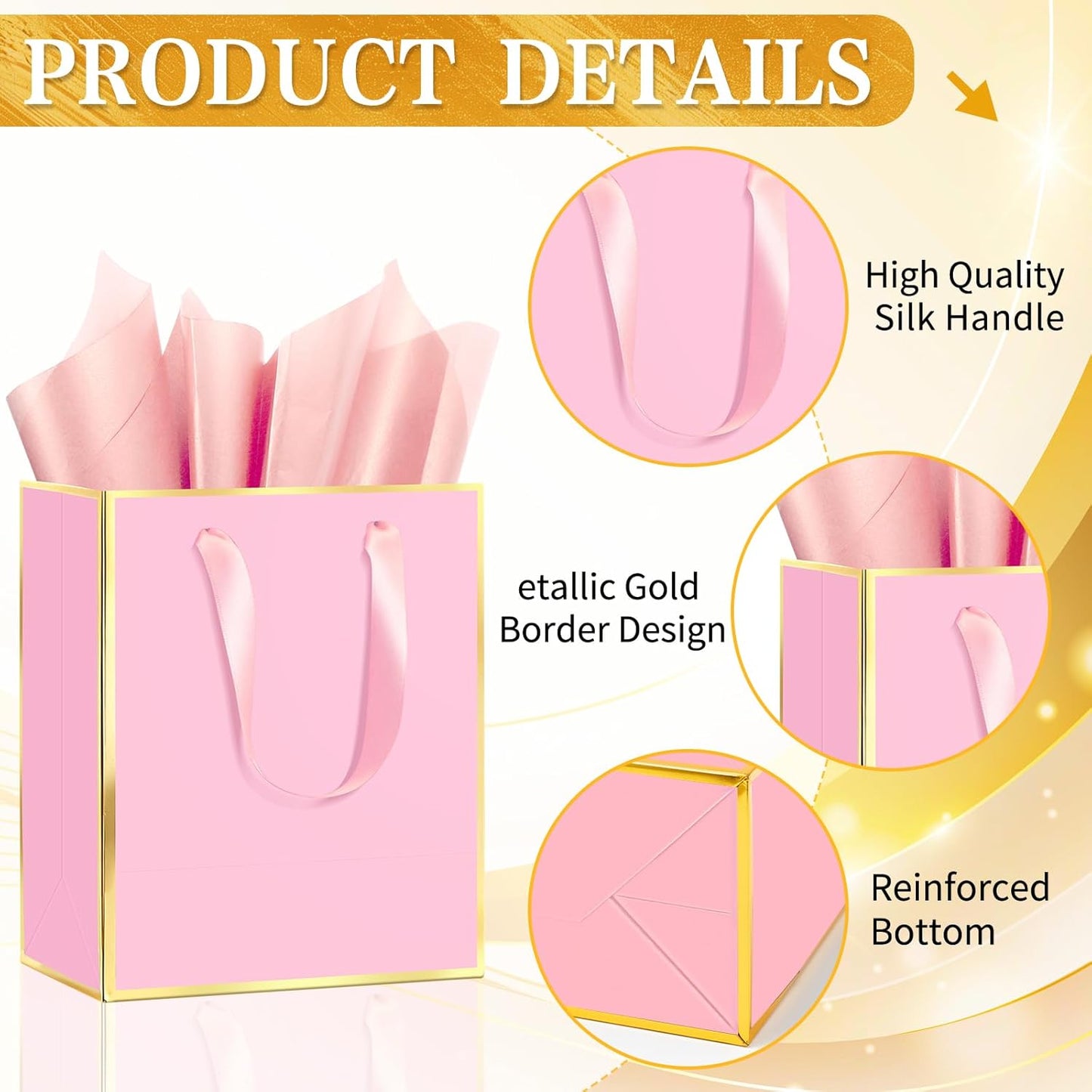 Epoesch 36Pcs Premium Gift Bags with Handles & Tissue Paper – 8"x5"x10" Pink with Gold Edge –Thank You Bags for Birthdays Party, Baby Showers, Wedding, Welcome Gift, Business