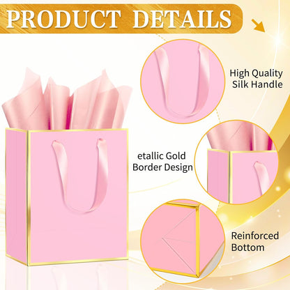 Epoesch 36Pcs Premium Gift Bags with Handles & Tissue Paper – 8"x5"x10" Pink with Gold Edge –Thank You Bags for Birthdays Party, Baby Showers, Wedding, Welcome Gift, Business