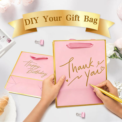 Epoesch 36Pcs Premium Gift Bags with Handles & Tissue Paper – 8"x5"x10" Pink with Gold Edge –Thank You Bags for Birthdays Party, Baby Showers, Wedding, Welcome Gift, Business