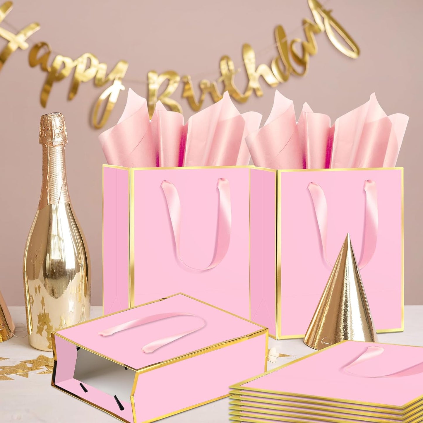 Epoesch 36Pcs Premium Gift Bags with Handles & Tissue Paper – 8"x5"x10" Pink with Gold Edge –Thank You Bags for Birthdays Party, Baby Showers, Wedding, Welcome Gift, Business