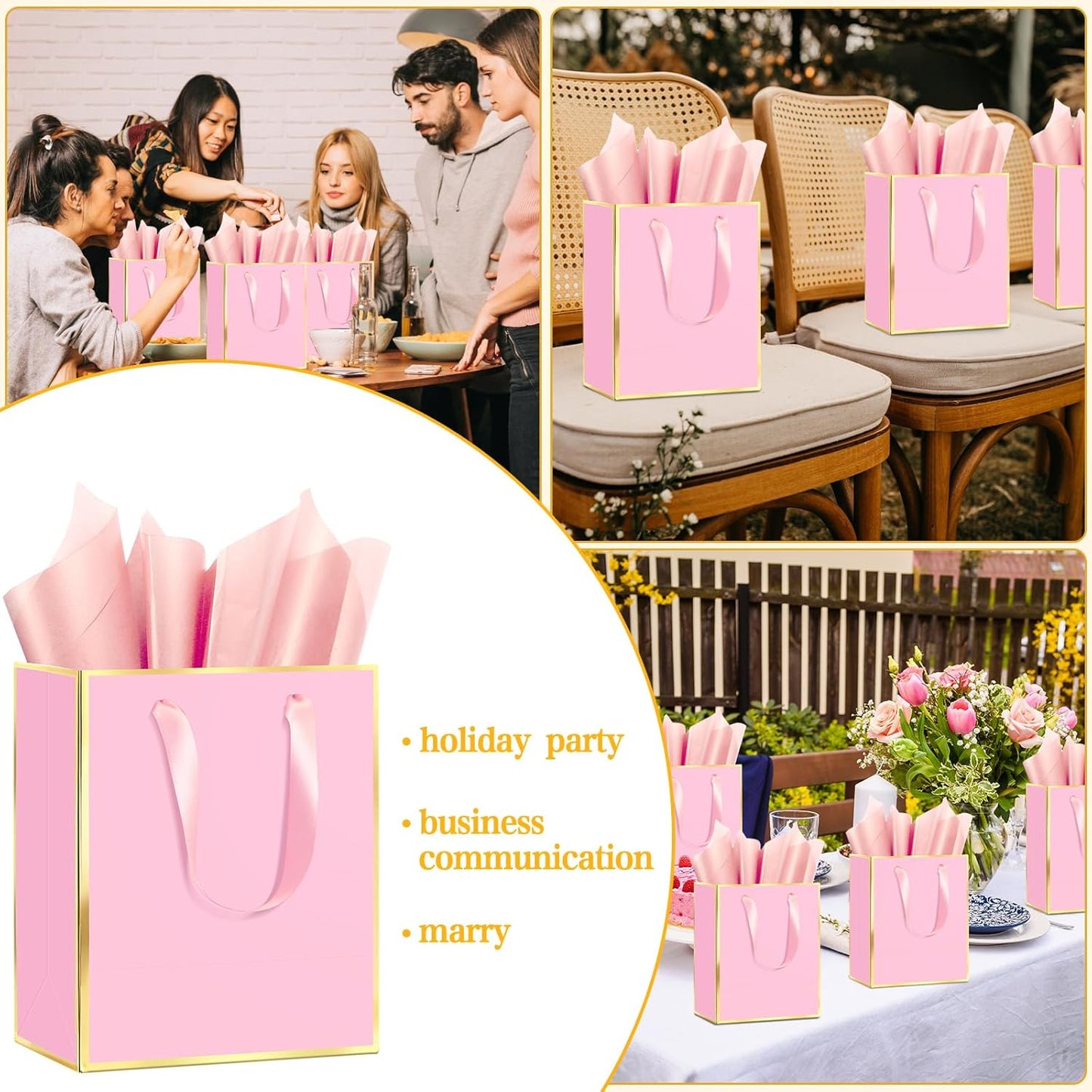 Epoesch 36Pcs Premium Gift Bags with Handles & Tissue Paper – 8"x5"x10" Pink with Gold Edge –Thank You Bags for Birthdays Party, Baby Showers, Wedding, Welcome Gift, Business