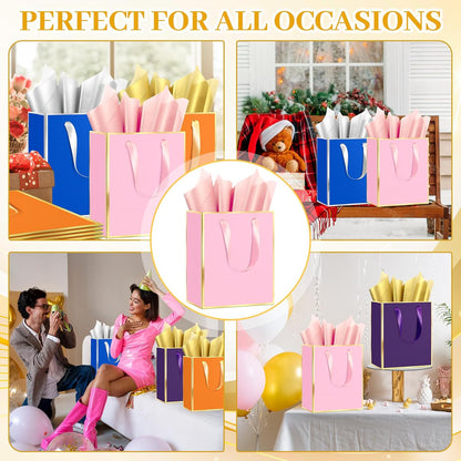 Epoesch 36Pcs Premium Gift Bags with Handles & Tissue Paper – 8"x5"x10" Pink with Gold Edge –Thank You Bags for Birthdays Party, Baby Showers, Wedding, Welcome Gift, Business