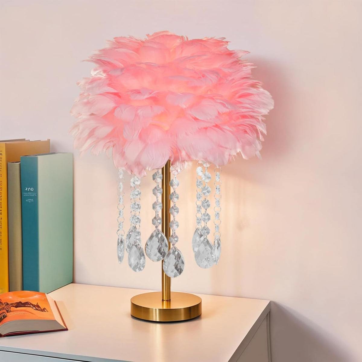 Pink Feather Bedside Table Lamp Furry Nightlight,Gold+Pink Feather