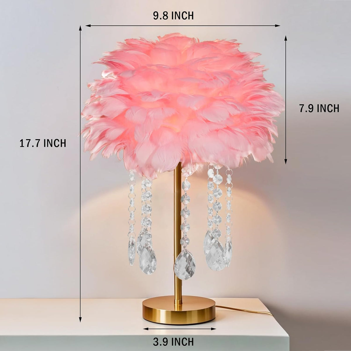 Pink Feather Bedside Table Lamp Furry Nightlight,Gold+Pink Feather