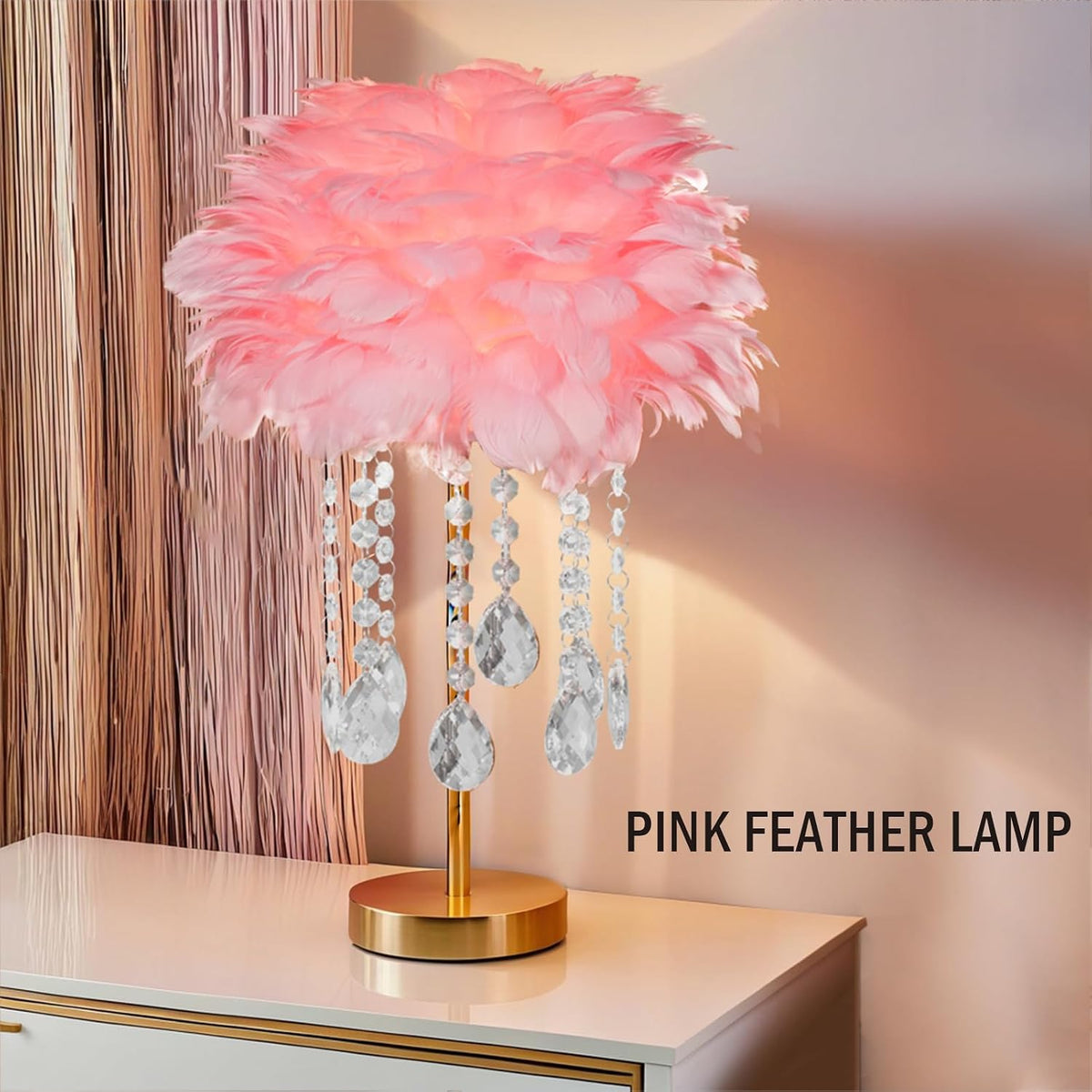 Pink Feather Bedside Table Lamp Furry Nightlight,Gold+Pink Feather