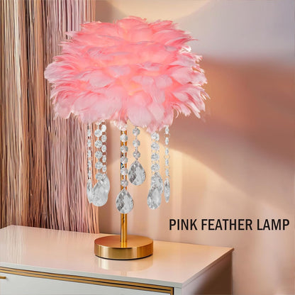 Pink Feather Bedside Table Lamp Furry Nightlight,Gold+Pink Feather