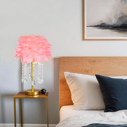 Pink Feather Bedside Table Lamp Furry Nightlight,Gold+Pink Feather