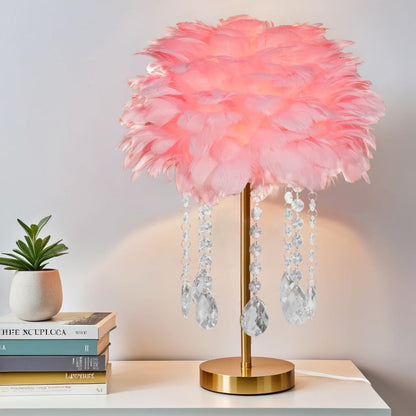 Pink Feather Bedside Table Lamp Furry Nightlight,Gold+Pink Feather