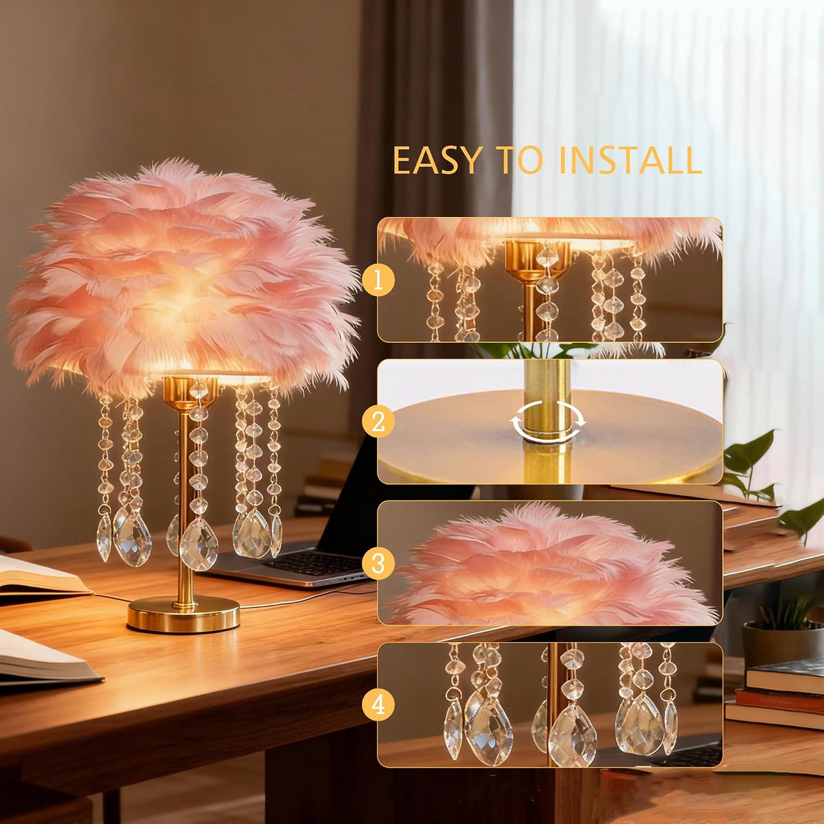 Pink Feather Bedside Table Lamp Furry Nightlight,Gold+Pink Feather