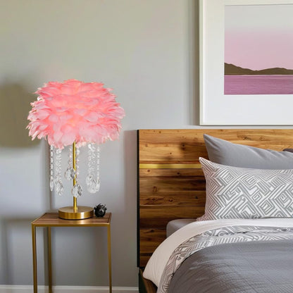 Pink Feather Bedside Table Lamp Furry Nightlight,Gold+Pink Feather