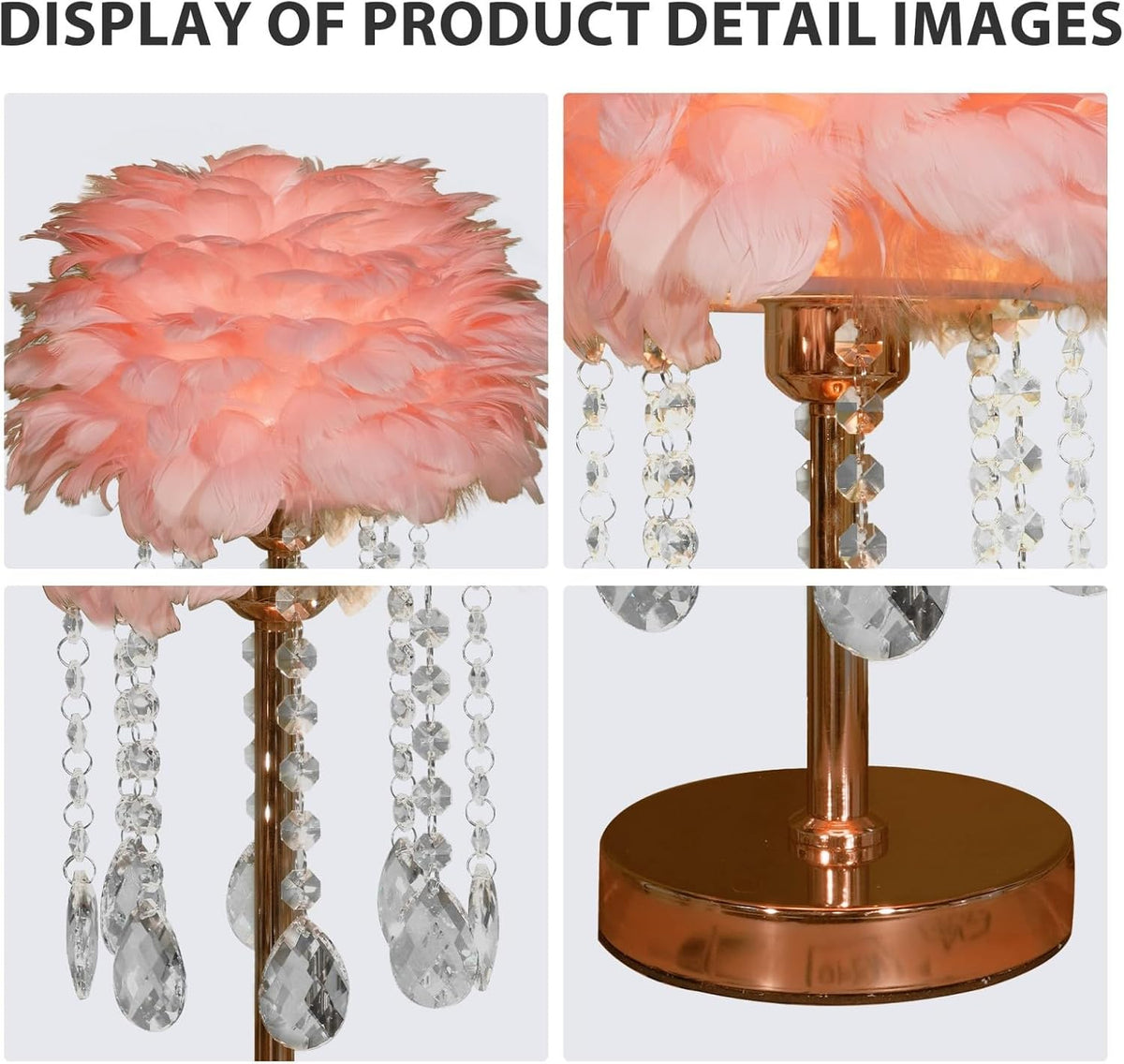Pink Feather Bedside Table Lamp Furry Nightlight,Gold+Pink Feather