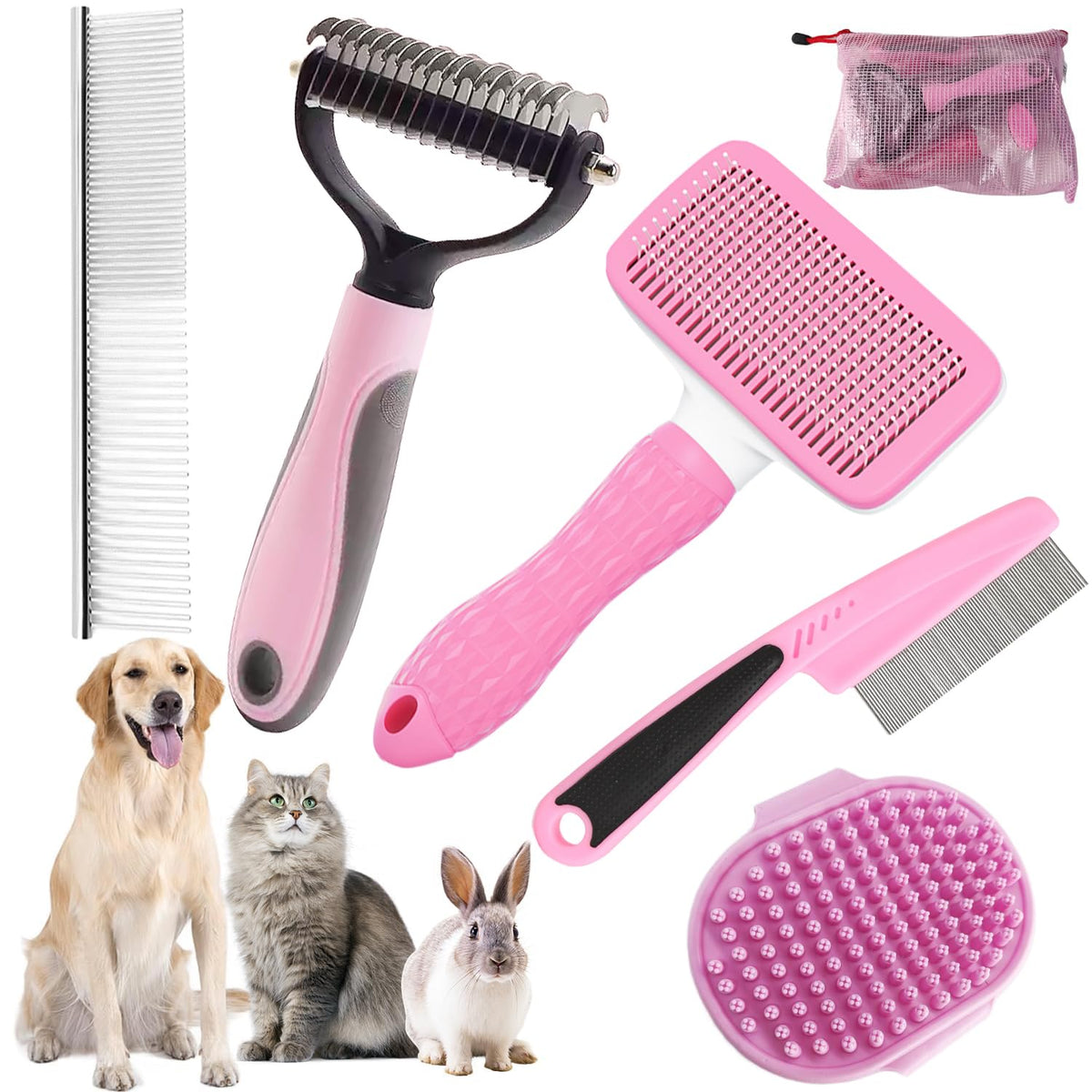 Dog Brush for Shedding,6 PCS in One Pet Slicker Hair Brush Kit Organizer Bag - Dog Cat Grooming Deshedding Undercoat Rake Brush Comb for All Small Large Dogs Cats Pink