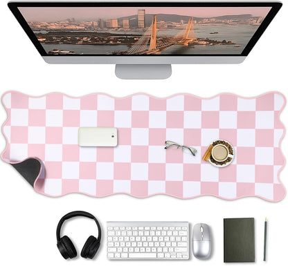 1 Pcs Pink Scalloped Checkered Desk Mat 31.5 x 11.8 Inch Large Cute Mouse Pad Computer Mat Non Slip Waterproof Rubber Base with Border Stitching Soft Keyboard Pad for Home Office Gaming Makeup