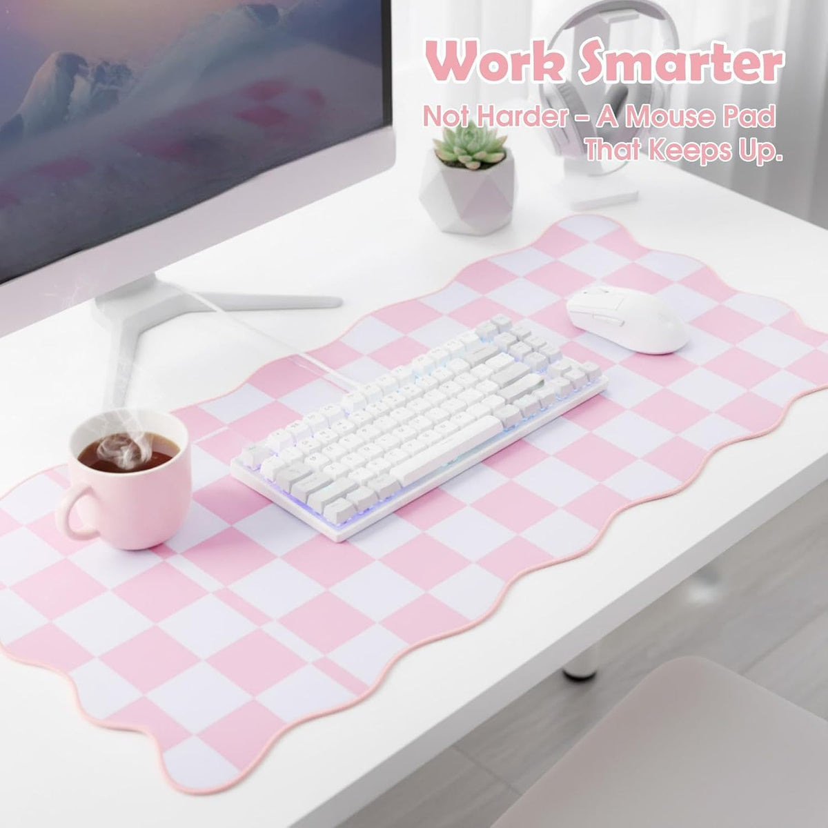 1 Pcs Pink Scalloped Checkered Desk Mat 31.5 x 11.8 Inch Large Cute Mouse Pad Computer Mat Non Slip Waterproof Rubber Base with Border Stitching Soft Keyboard Pad for Home Office Gaming Makeup