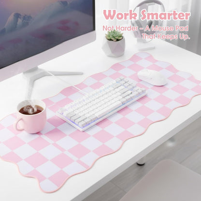 1 Pcs Pink Scalloped Checkered Desk Mat 31.5 x 11.8 Inch Large Cute Mouse Pad Computer Mat Non Slip Waterproof Rubber Base with Border Stitching Soft Keyboard Pad for Home Office Gaming Makeup