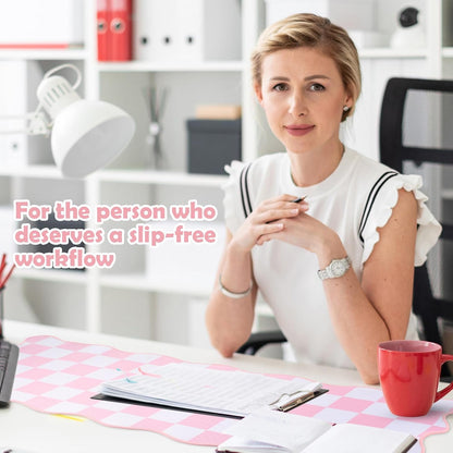 1 Pcs Pink Scalloped Checkered Desk Mat 31.5 x 11.8 Inch Large Cute Mouse Pad Computer Mat Non Slip Waterproof Rubber Base with Border Stitching Soft Keyboard Pad for Home Office Gaming Makeup