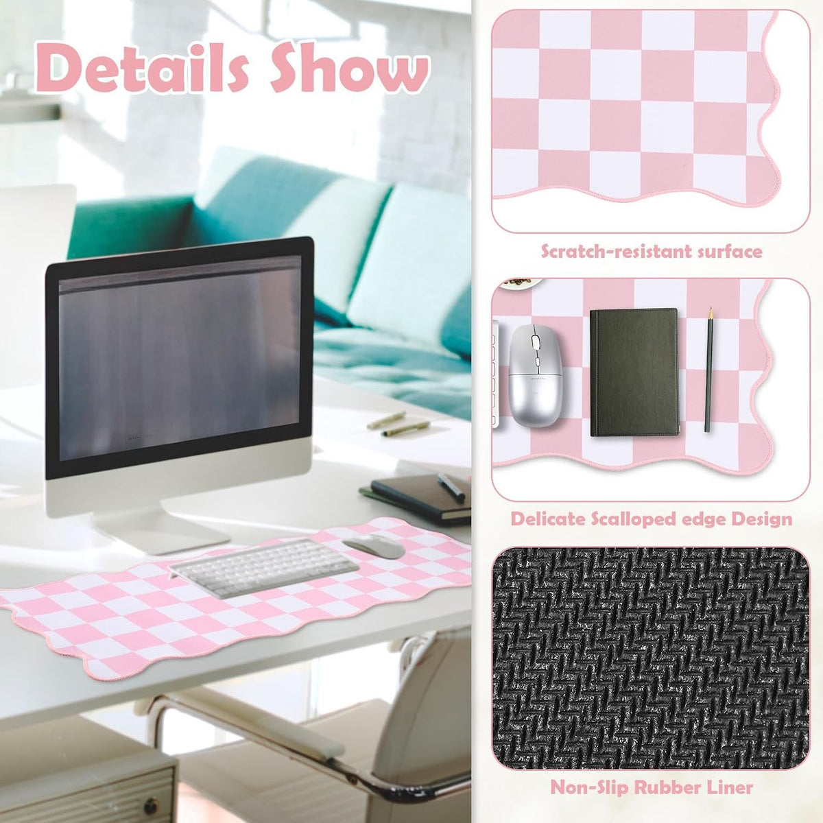 1 Pcs Pink Scalloped Checkered Desk Mat 31.5 x 11.8 Inch Large Cute Mouse Pad Computer Mat Non Slip Waterproof Rubber Base with Border Stitching Soft Keyboard Pad for Home Office Gaming Makeup