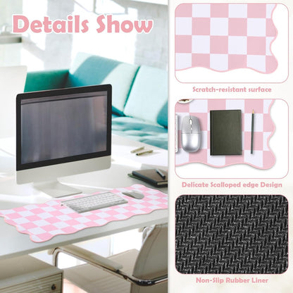 1 Pcs Pink Scalloped Checkered Desk Mat 31.5 x 11.8 Inch Large Cute Mouse Pad Computer Mat Non Slip Waterproof Rubber Base with Border Stitching Soft Keyboard Pad for Home Office Gaming Makeup