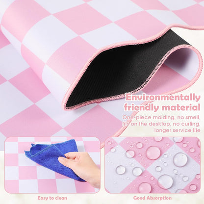 1 Pcs Pink Scalloped Checkered Desk Mat 31.5 x 11.8 Inch Large Cute Mouse Pad Computer Mat Non Slip Waterproof Rubber Base with Border Stitching Soft Keyboard Pad for Home Office Gaming Makeup