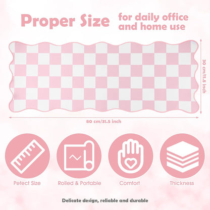 1 Pcs Pink Scalloped Checkered Desk Mat 31.5 x 11.8 Inch Large Cute Mouse Pad Computer Mat Non Slip Waterproof Rubber Base with Border Stitching Soft Keyboard Pad for Home Office Gaming Makeup