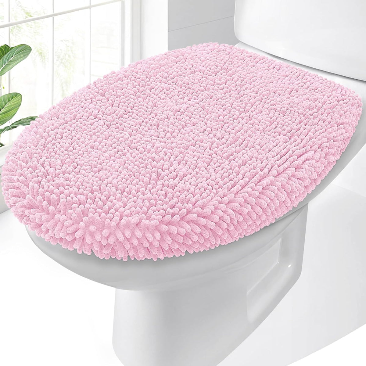 Soft Chenille Bathroom Toilet Lid Cover, 17.5x15, Pink