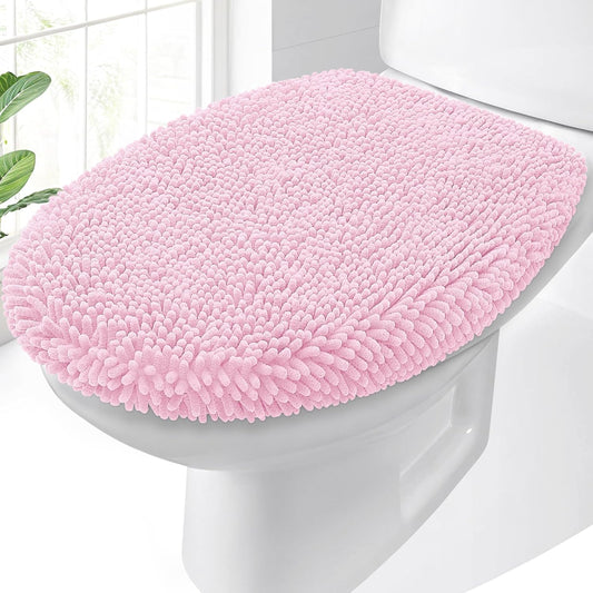 Soft Chenille Bathroom Toilet Lid Cover, 17.5x15, Pink
