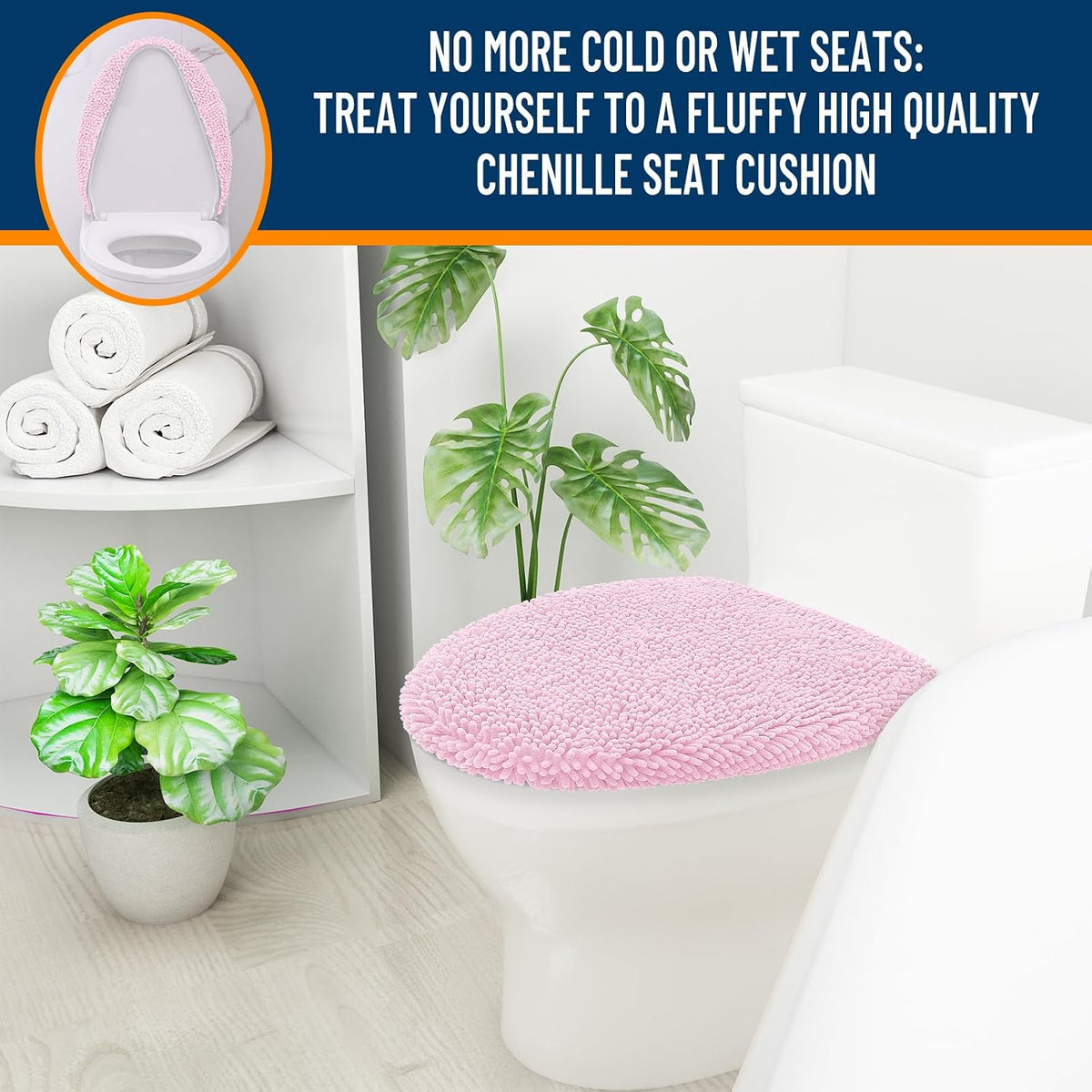 Soft Chenille Bathroom Toilet Lid Cover, 17.5x15, Pink