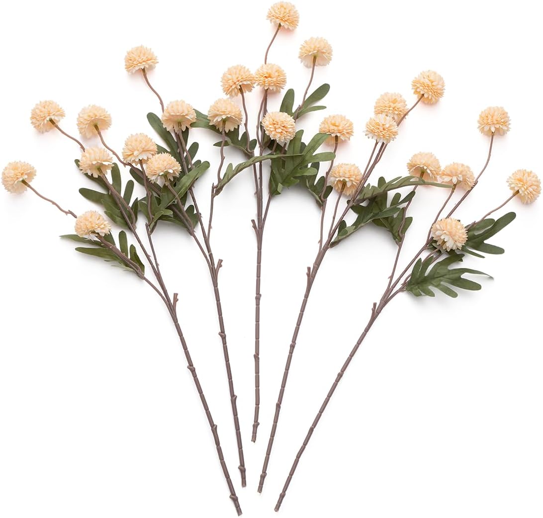 Peach Artificial Flowers Pompon Mum, 5Pcs Fake Kiku Flowers Silk Small Mini Chrysanthemum Ball Faux Mum Decor for Filler DIY Bouquet Centerpieces Arrangements Shower (Peach)