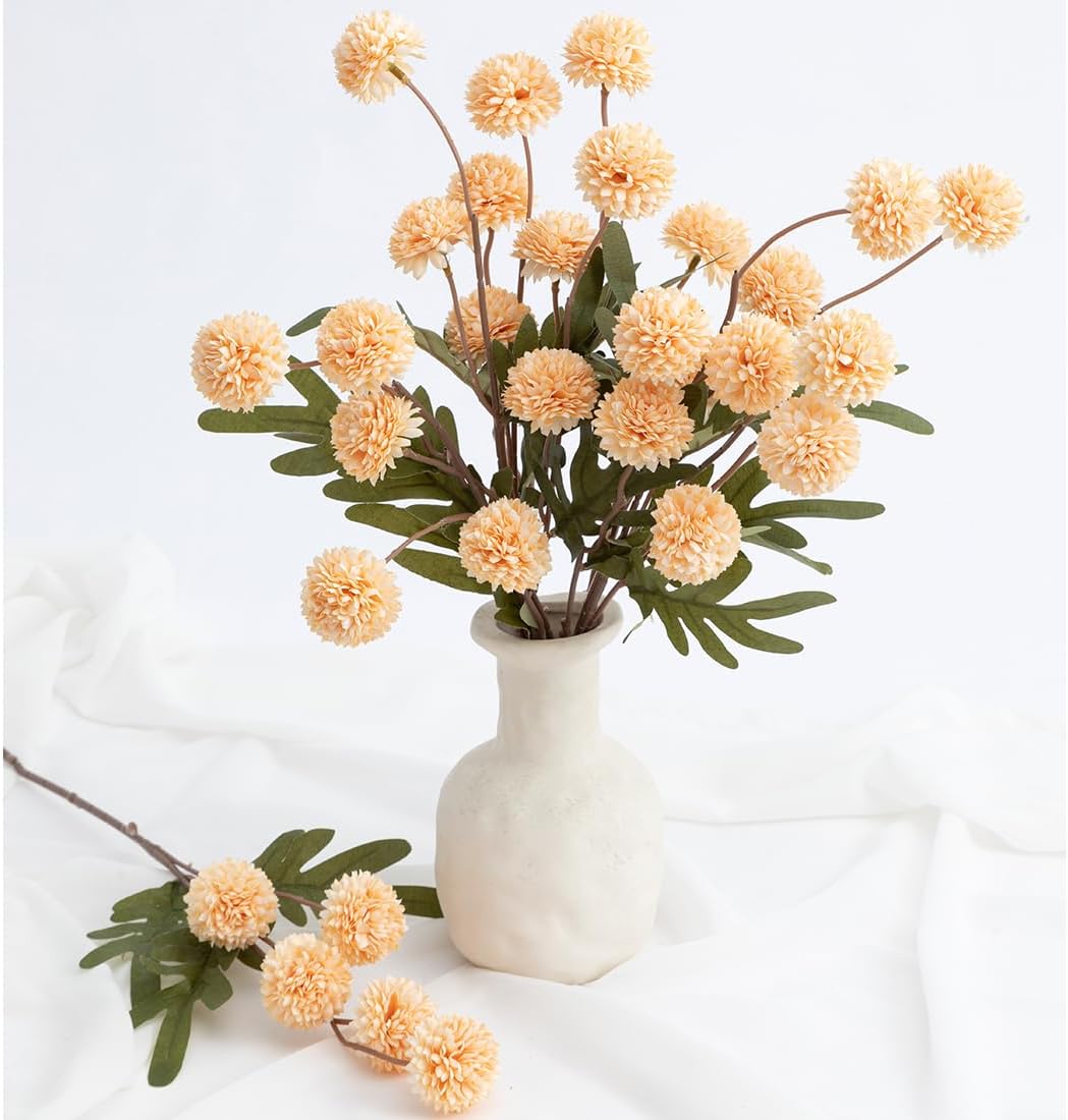 Peach Artificial Flowers Pompon Mum, 5Pcs Fake Kiku Flowers Silk Small Mini Chrysanthemum Ball Faux Mum Decor for Filler DIY Bouquet Centerpieces Arrangements Shower (Peach)