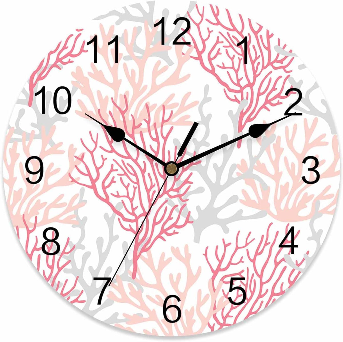 Wall Clock Coral Ocean 12" Round Silent Non-Ticking PVC Clocks Red Pink Grey Battery Operated Round Clock for Living Room Bedroom Office Kitchen Wall Decor