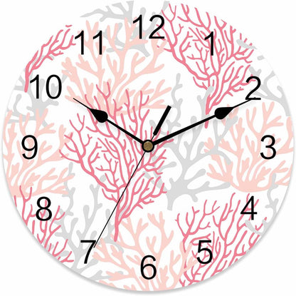 Wall Clock Coral Ocean 12" Round Silent Non-Ticking PVC Clocks Red Pink Grey Battery Operated Round Clock for Living Room Bedroom Office Kitchen Wall Decor